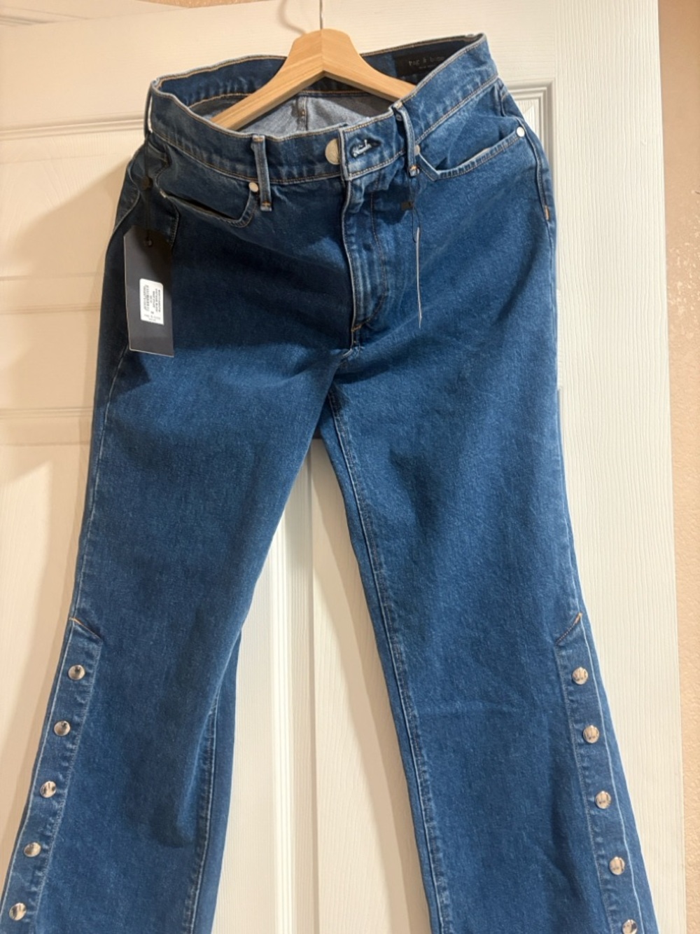 rag & bone Women's Boot Cut Jeans in Dark Blue with Snap Side Detail